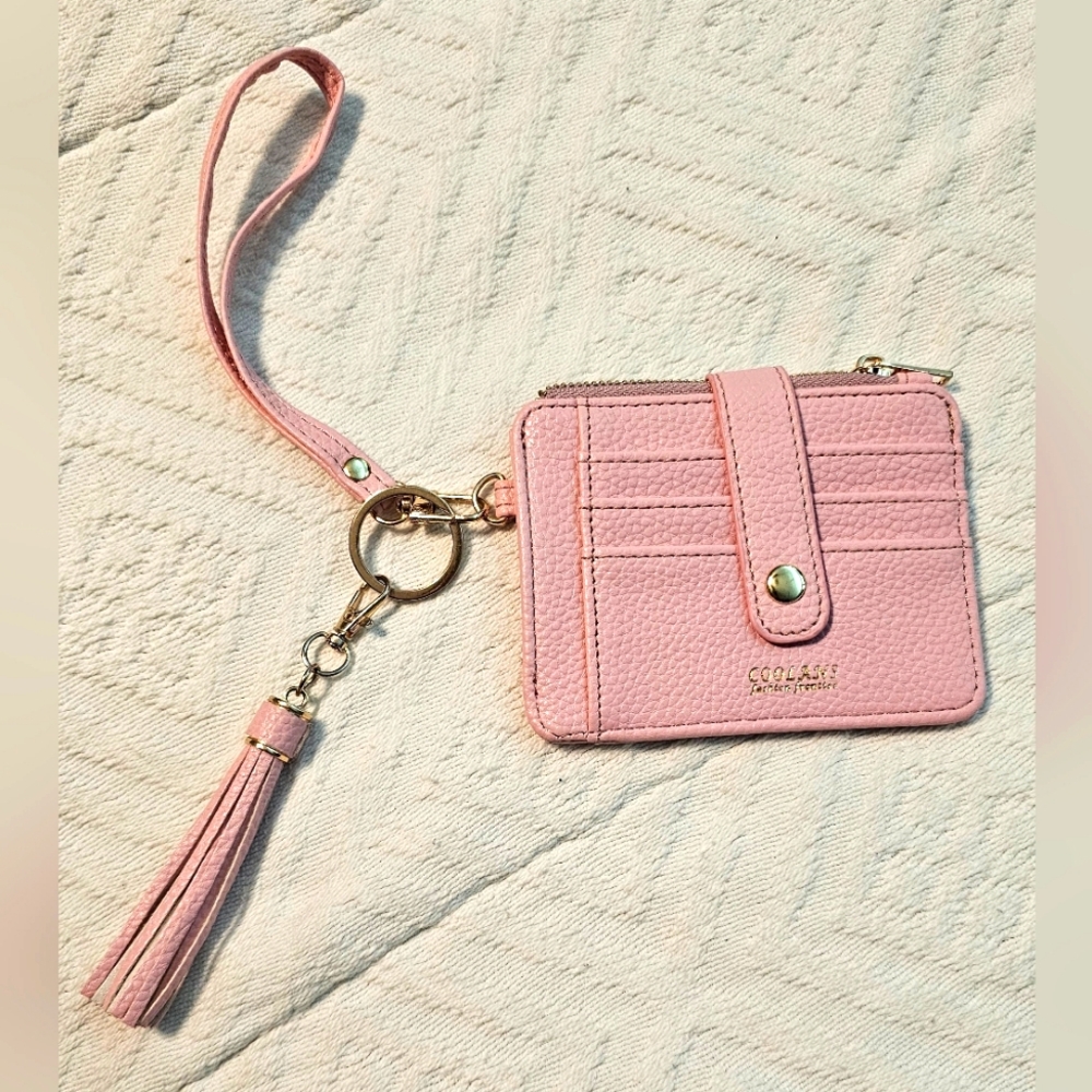 Pink Slim Travel Wristlet Wallet with Tassel Keyring EUC